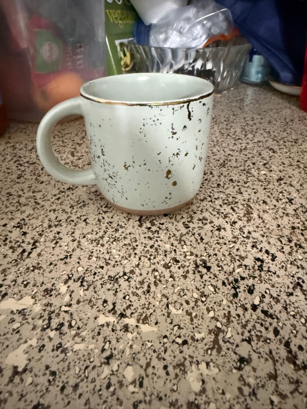 One Speckled Hearth and Hand Ceramic Mug in Light Sage with Rustic Gold Accents